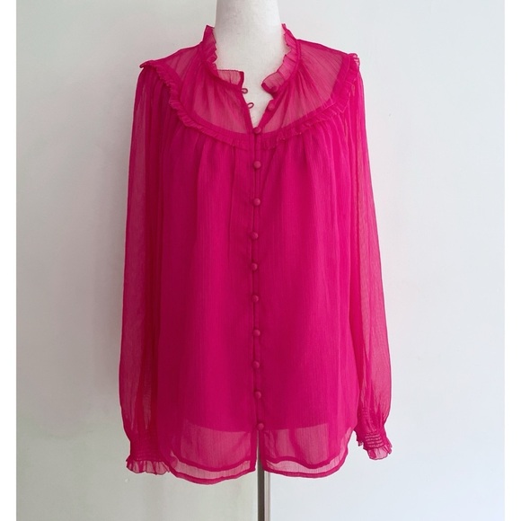 NWT Ann Taylor Barbie Pink Ruffle Shirred Yoke Button Casual Work Office Blouse‌ - Picture 2 of 8